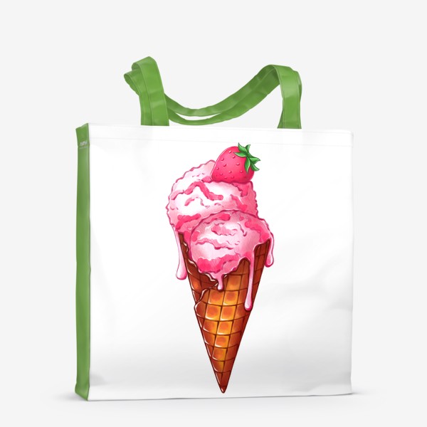 Сумка-шоппер «Клубничное мороженое. Рожок мороженого с клубникой. Шарики мороженого в рожке.»
