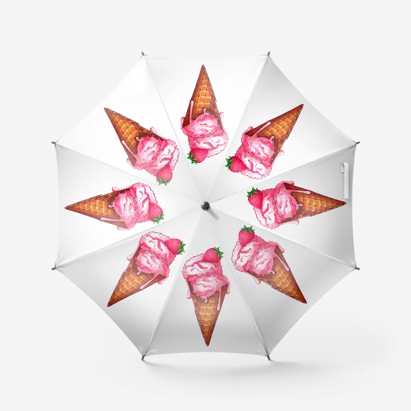 Зонт «Клубничное мороженое. Рожок мороженого с клубникой. Шарики мороженого в рожке.»
