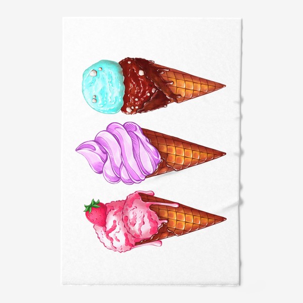 Полотенце «Три мороженки. Мороженое в рожках. Летнее настроение»