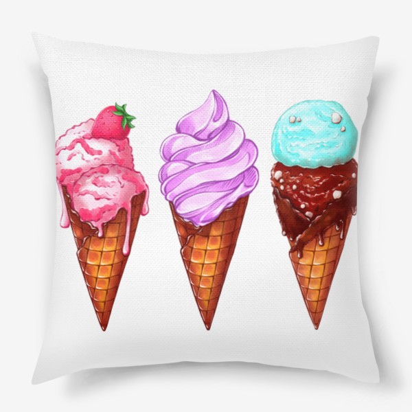 Подушка «Три мороженки. Мороженое в рожках. Летнее настроение»