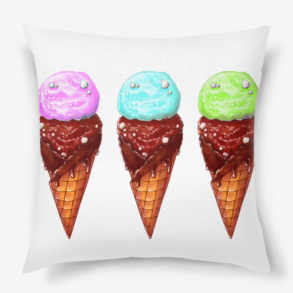 Подушка «Мороженое в рожках. Три мороженки. Летнее настроение »