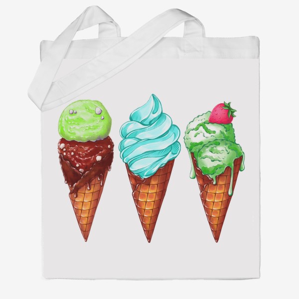 Сумка хб «Три зелёные мороженки. Мороженое в рожке. Летнее настроение»