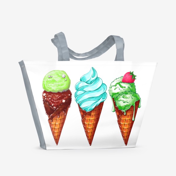 Пляжная сумка «Три зелёные мороженки. Мороженое в рожке. Летнее настроение»