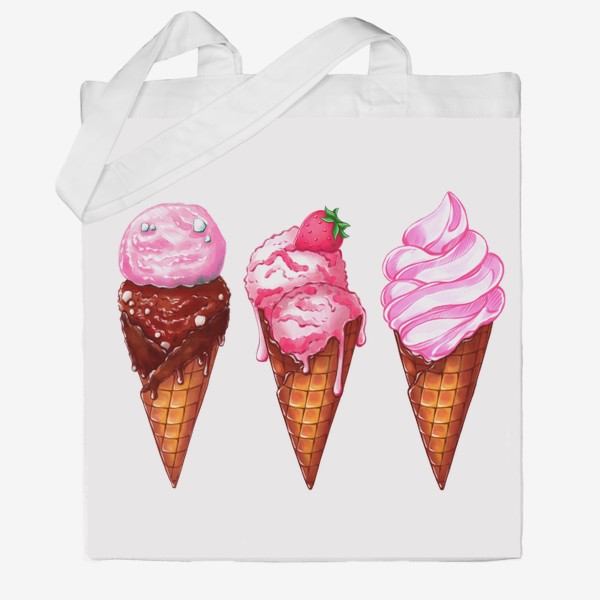 Сумка хб «Три розовые мороженки. Мороженое в рожках. Летнее настроение »
