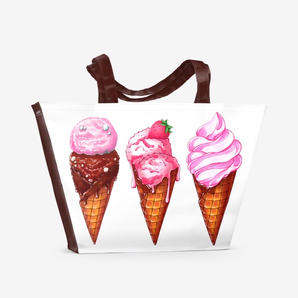 Пляжная сумка «Три розовые мороженки. Мороженое в рожках. Летнее настроение »