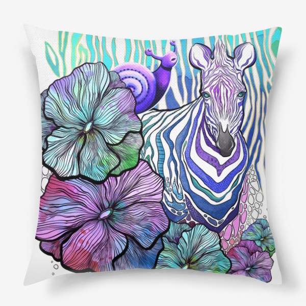 Подушка «Акварельная зебра и улитка в цветах»