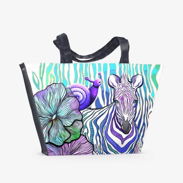 Пляжная сумка «Акварельная зебра и улитка в цветах»