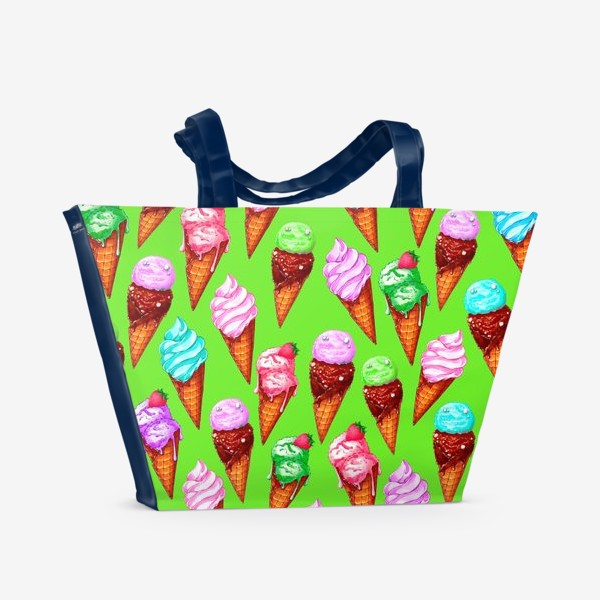 Пляжная сумка «Мороженое на салатовом фоне. Мороженки в рожках»