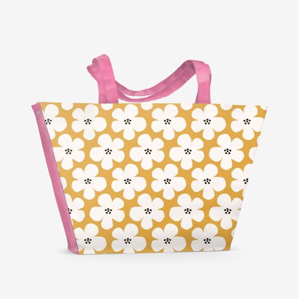 Пляжная сумка «Абстрактные белые цветы на желтом фоне»