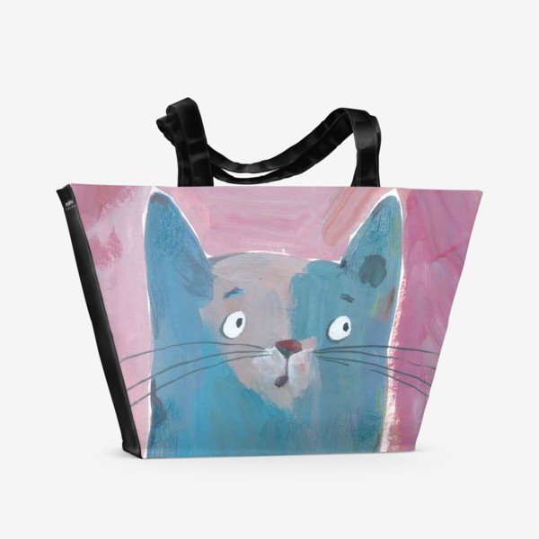 Пляжная сумка «Кот серо-голубой полосатый. Гуашь, акрил.»