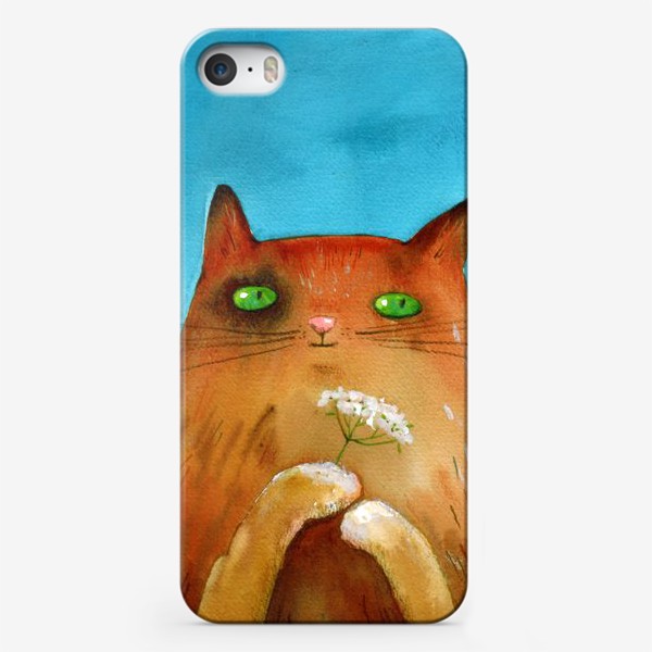 Чехол iPhone «Рыжий кот с белым цветком на голубом фоне. Акварель.»