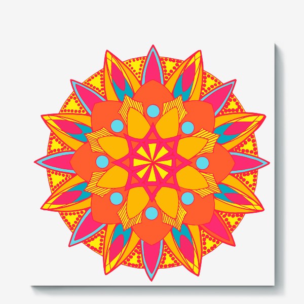Холст «мандала симметричный круговой узор в ярких цветах  оранжевые, розовые и голубые. рисунок винтажной мандалы»