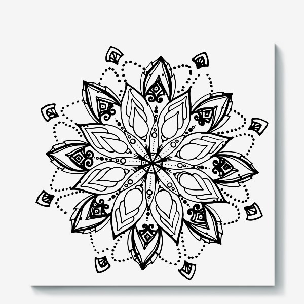 Холст «мандала. черный скетч круглого орнамента, стилизованного цветка с точками и завитками»