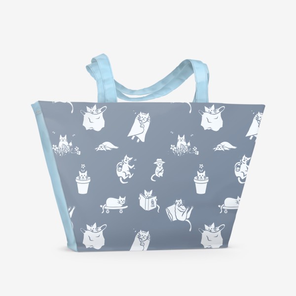 Пляжная сумка «Много котиков на сером фоне»