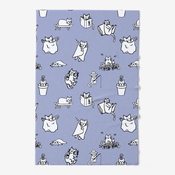 Полотенце «Много котиков на голубом фоне»