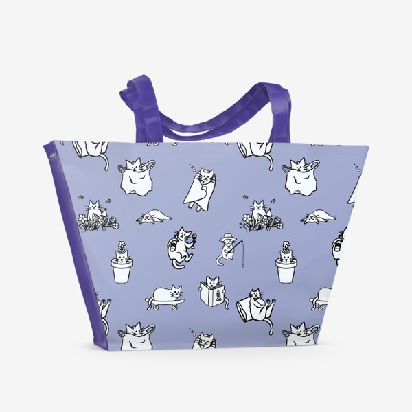 Пляжная сумка «Много котиков на голубом фоне»