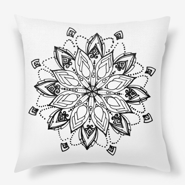 Подушка «мандала. черный скетч круглого орнамента, стилизованного цветка с точками и завитками»