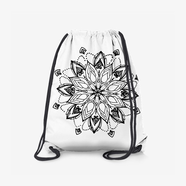 Рюкзак «мандала. черный скетч круглого орнамента, стилизованного цветка с точками и завитками»
