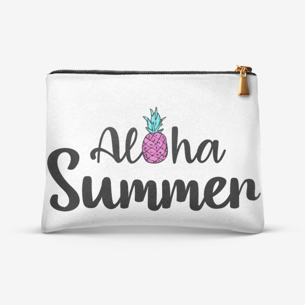 Косметичка «надпись aloha summer с розовым  ананасом и бирюзовыми листьями. надпись на английском алоха саммер лета »