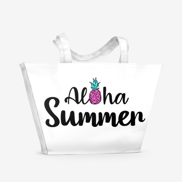 Пляжная сумка «надпись aloha summer с розовым  ананасом и бирюзовыми листьями. надпись на английском алоха саммер лета »
