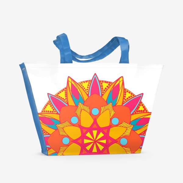 Пляжная сумка «мандала симметричный круговой узор в ярких цветах  оранжевые, розовые и голубые. рисунок винтажной мандалы»