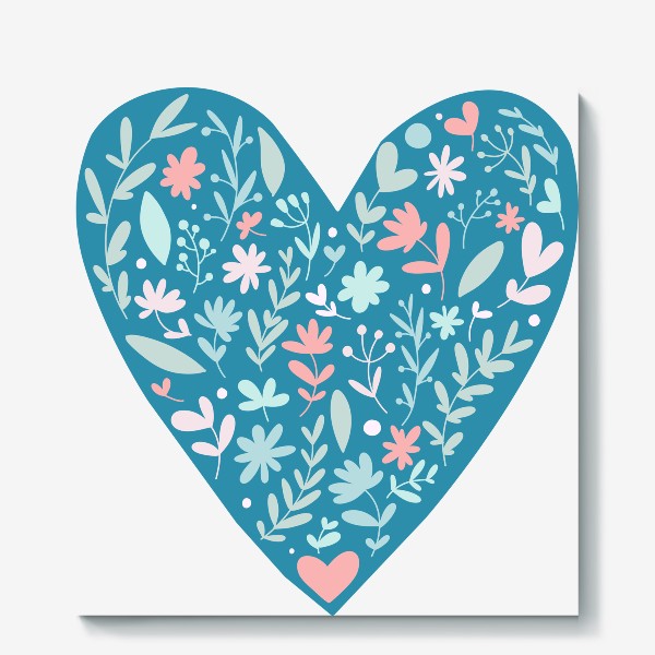 Холст &laquo;голубое сердечко с простыми растениями и цветочками в светло голубых и розовых цветах. дудл цветы и веточки&raquo;
