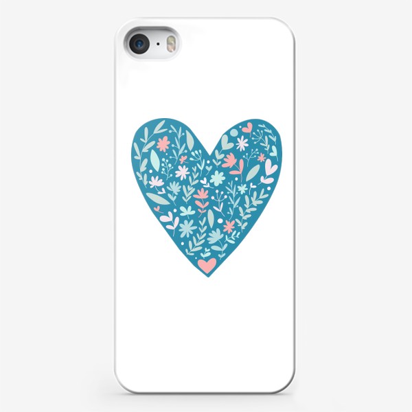 Чехол iPhone «голубое сердечко с простыми растениями и цветочками в светло голубых и розовых цветах. дудл цветы и веточки»