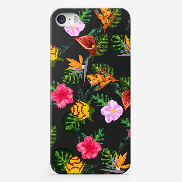 Чехол iPhone «Тропические цветы на черном, паттерн»