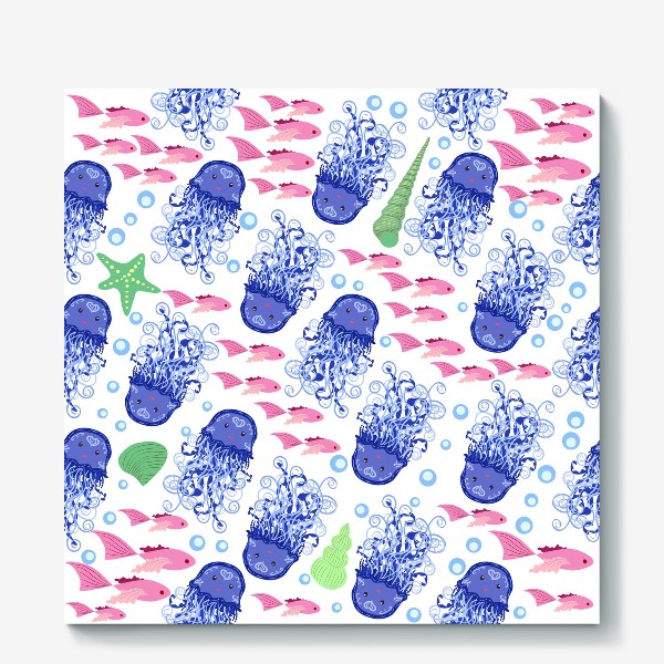 Холст «Синие медузы, розовые рыбки, зеленые ракушки морской паттерн»