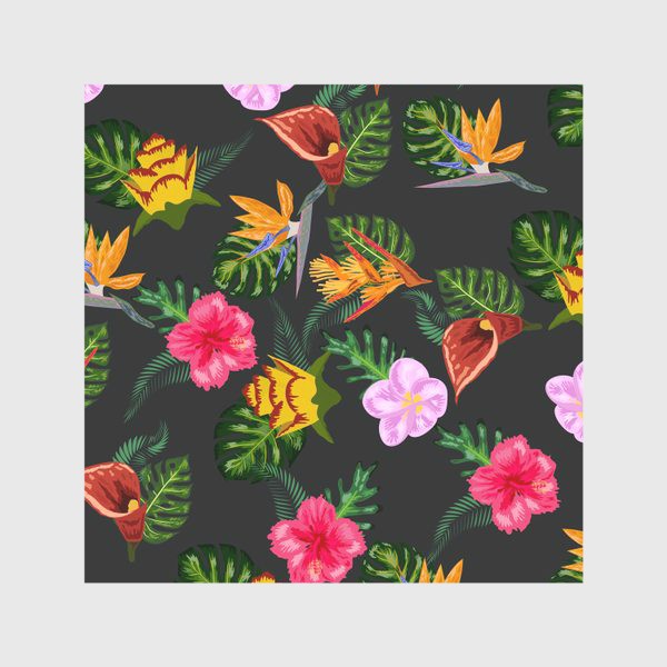 Скатерть «Тропические цветы на черном, паттерн»