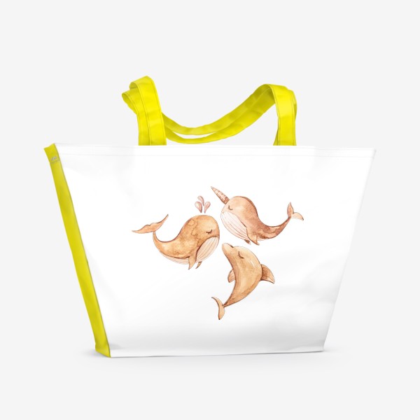 Пляжная сумка «Детская акварельная иллюстрация. Принт с китом, дельфином и нарвалом для детской одежды.»