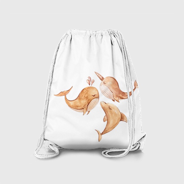 Рюкзак «Детская акварельная иллюстрация. Принт с китом, дельфином и нарвалом для детской одежды.»