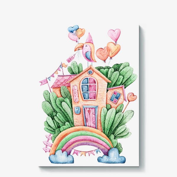 Холст «Акварельная иллюстрация радуги. Волшебные домики. Подарок на день рождения ребенка.»