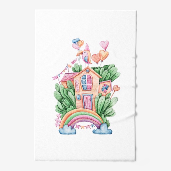 Полотенце «Акварельная иллюстрация радуги. Волшебные домики. Подарок на день рождения ребенка.»