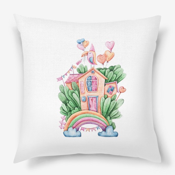 Подушка «Акварельная иллюстрация радуги. Волшебные домики. Подарок на день рождения ребенка.»