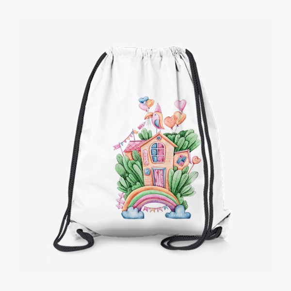 Рюкзак «Акварельная иллюстрация радуги. Волшебные домики. Подарок на день рождения ребенка.»