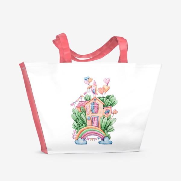 Пляжная сумка «Акварельная иллюстрация радуги. Волшебные домики. Подарок на день рождения ребенка.»