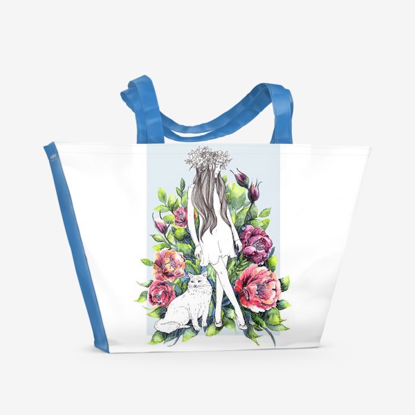Пляжная сумка «Девушка и кот в цветах»