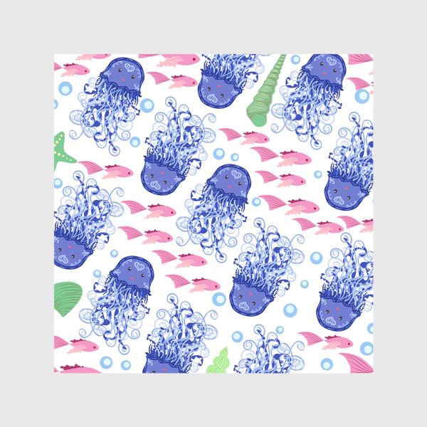 Скатерть «Синие медузы, розовые рыбки, зеленые ракушки морской паттерн»