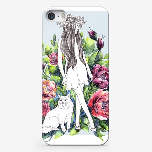 Чехол iPhone «Девушка и кот в цветах»