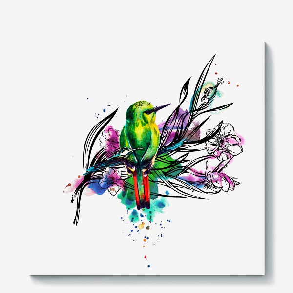 Холст «Тропическая птичка, акварельная композиция с цветами и брызгами»