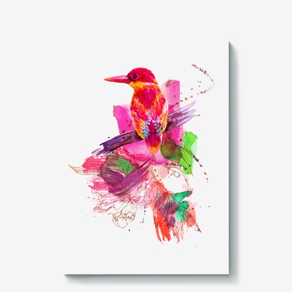 Холст «Тропическая птичка, акварельная композиция с цветами и брызгами»