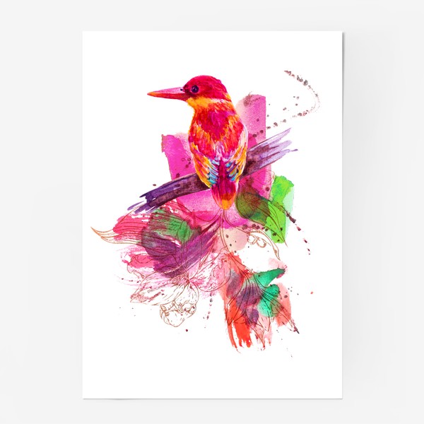 Постер «Тропическая птичка, акварельная композиция с цветами и брызгами»