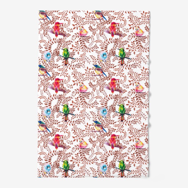Полотенце «Тропические птички, акварельная композиция с цветами и птицами, бесшовный паттерн»