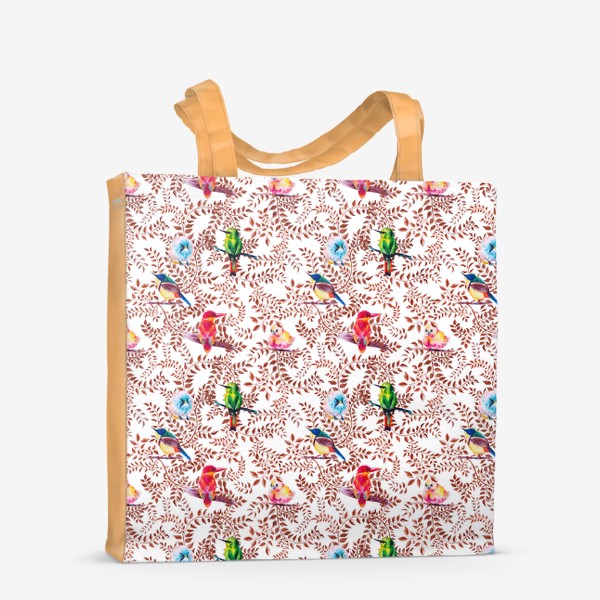 Сумка-шоппер «Тропические птички, акварельная композиция с цветами и птицами, бесшовный паттерн»