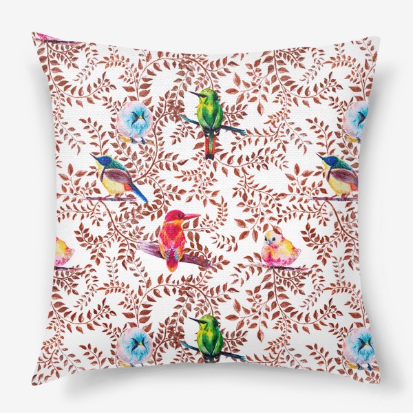 Подушка «Тропические птички, акварельная композиция с цветами и птицами, бесшовный паттерн»