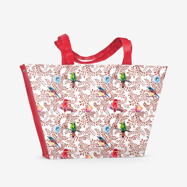 Пляжная сумка «Тропические птички, акварельная композиция с цветами и птицами, бесшовный паттерн»