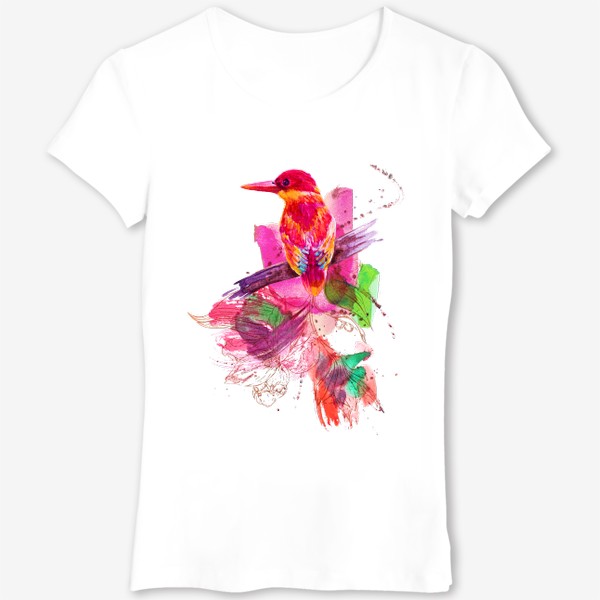 Футболка «Тропическая птичка, акварельная композиция с цветами и брызгами»