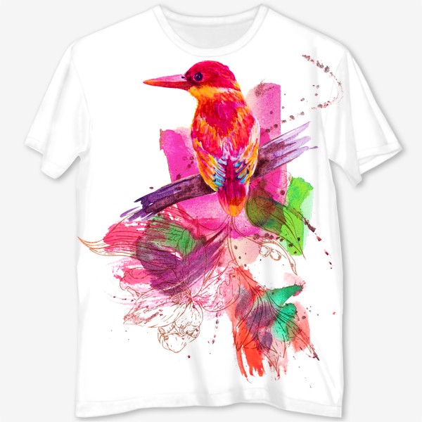 Футболка с полной запечаткой &laquo;Тропическая птичка, акварельная композиция с цветами и брызгами&raquo;