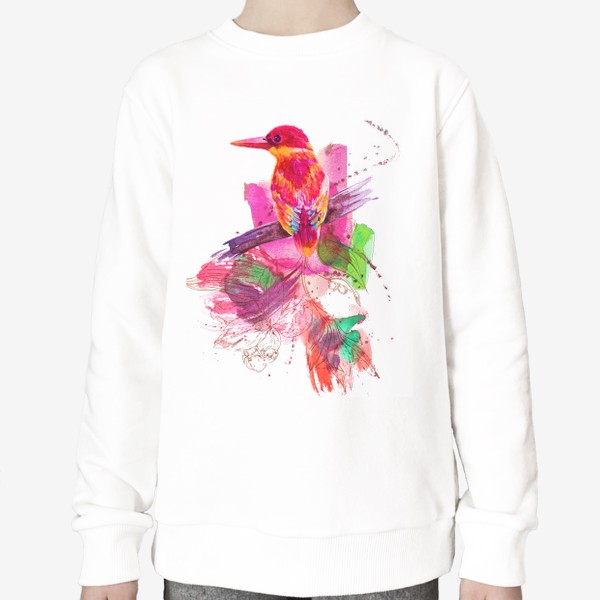 Свитшот «Тропическая птичка, акварельная композиция с цветами и брызгами»